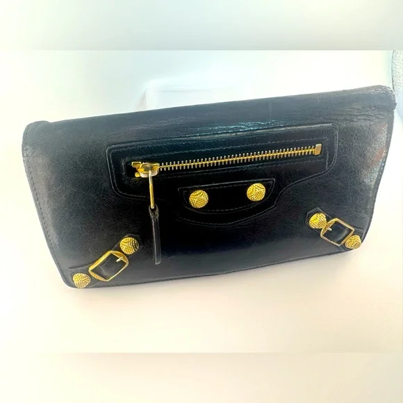 Balenciaga Giant Continental Wallet Black Lambskin Gold Hardware Authentic - Picture 14 of 15